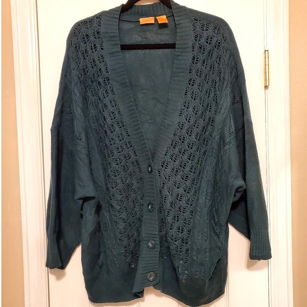 Size 24/26W NORTHCREST Forest Green Patterned Crochet 3/4 Sleeve Button Cardigan